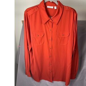 Susan Graver Women Burnt Orange Utility Button Down Roll Tab Sleeve Shirt XL